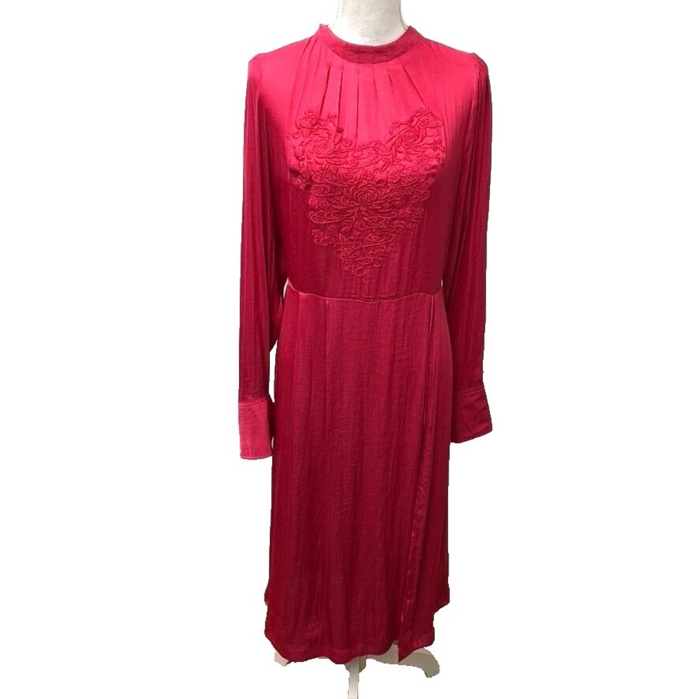 Free People Tunic High Slit Dress Womens Large Pink Satin Embroidered Boho